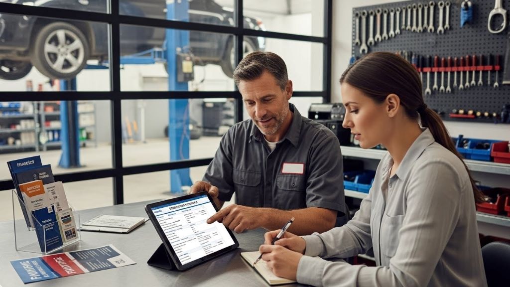 Mechanic reviewing car repair estimate with customer discussing financing payment options