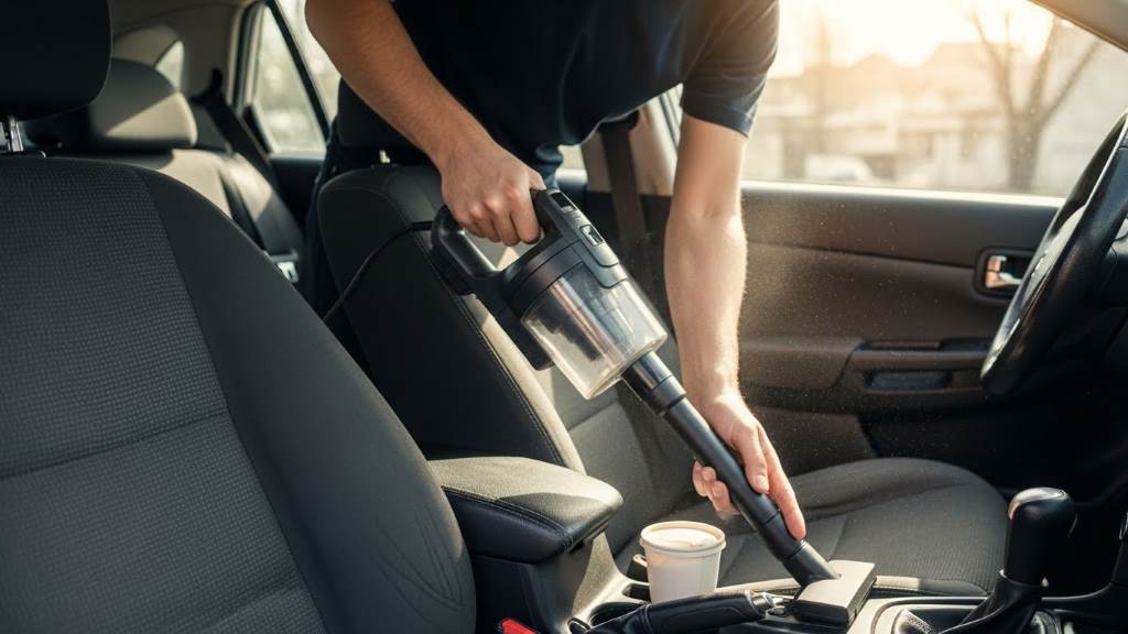Person vacuuming car seats to remove cigarette odor particles