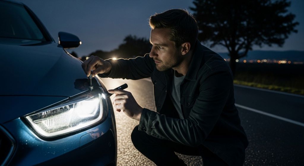 Driver adjusting vehicle headlights for optimal nighttime visibility and road safety