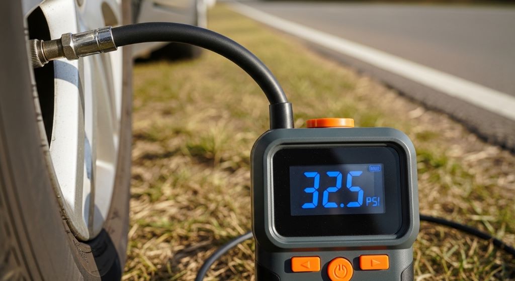 Portable electric tire inflator with digital pressure gauge connected to car tire valve during roadside inflation