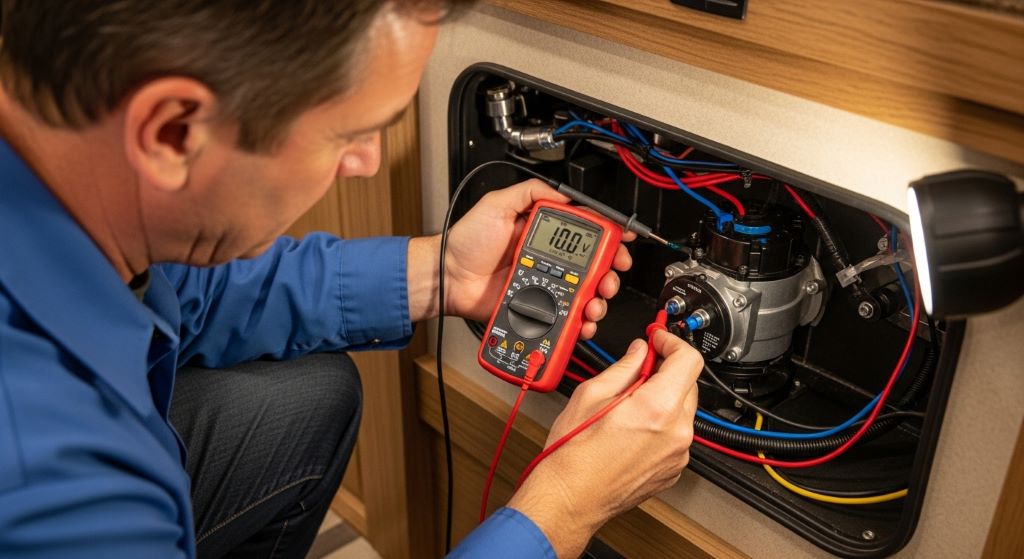 RV owner using a multimeter to test voltage at a motorhome water pump terminal