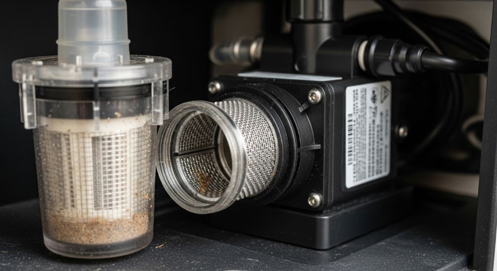 Close-up of a motorhome 12-volt water pump with inlet strainer removed for cleaning