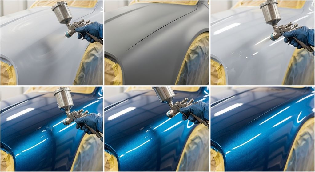 Step-by-step DIY car painting process showing primer and color coat application