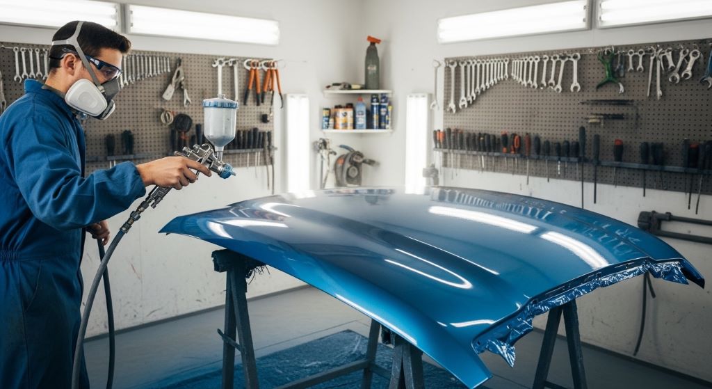 Person using an HVLP spray gun to apply paint on a car hood in a garage