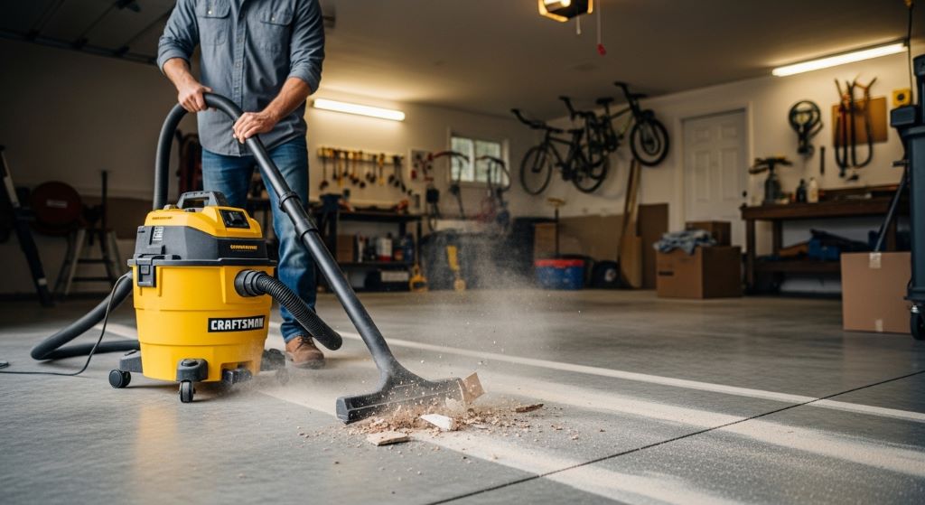 Man using a large wet/dry garage vacuum to clean concrete floor covered in dust and debris inside a two-car garage