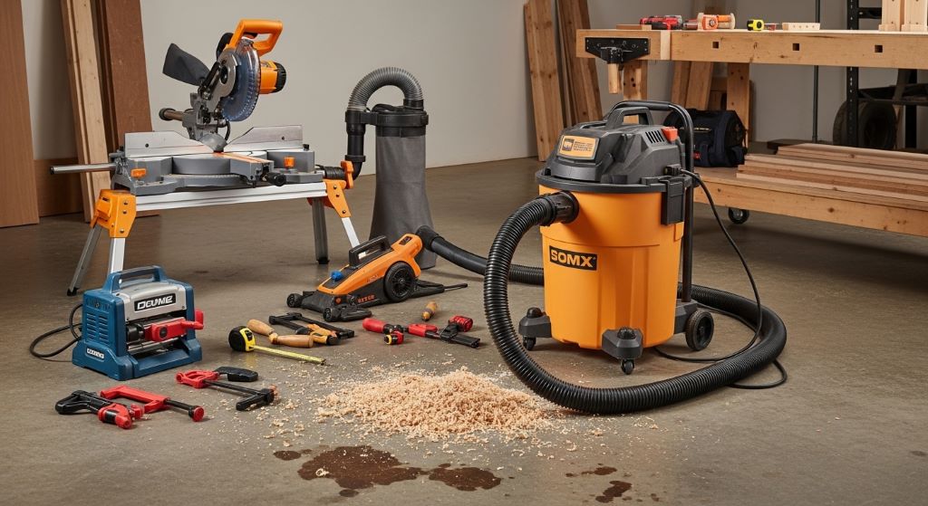 A powerful shop vac positioned on a garage floor next to woodworking tools and sawdust, ready for garage dust removal