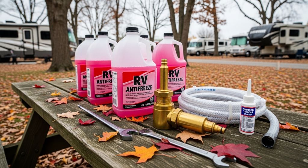 Motorhome winterizing kit with RV antifreeze bottles and blow-out plug on campground table