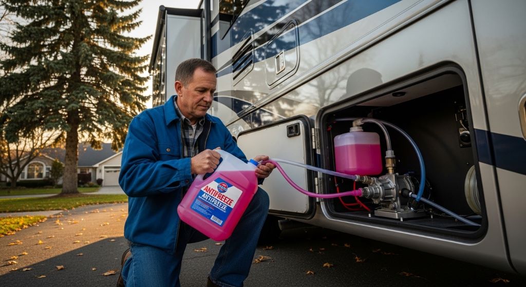RV owner pouring pink antifreeze into water pump converter kit during annual motorhome winterizing