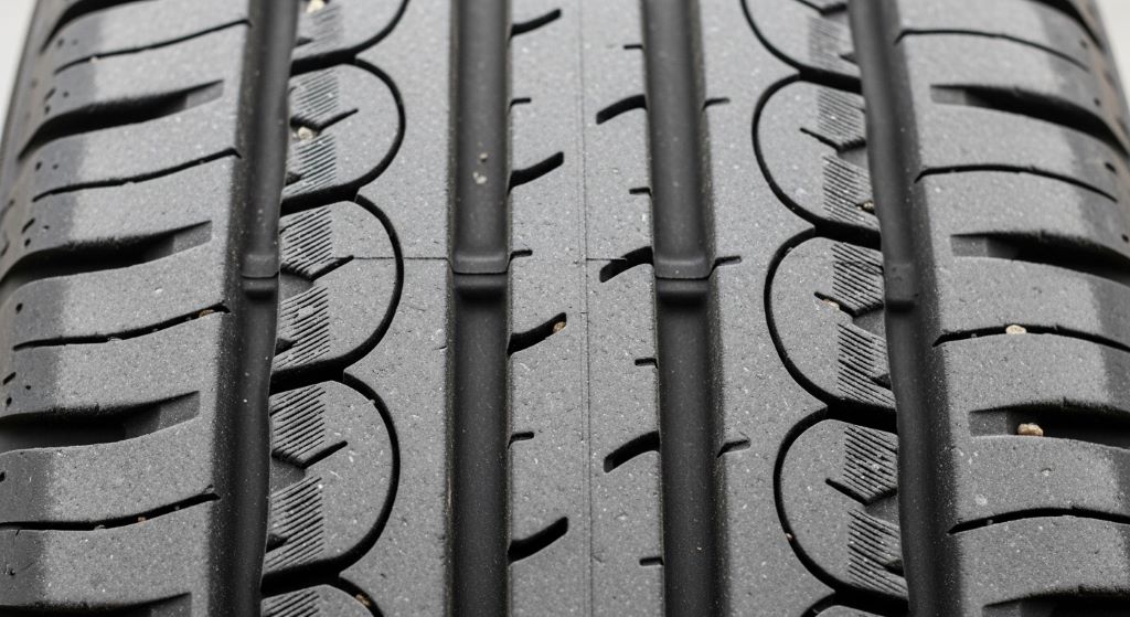 Close-up of feathered tire tread showing uneven wear pattern from wheel misalignment