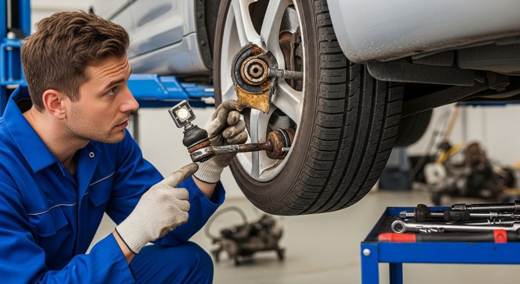 Mechanic inspecting worn tie rod end causing tire feathering from toe drift