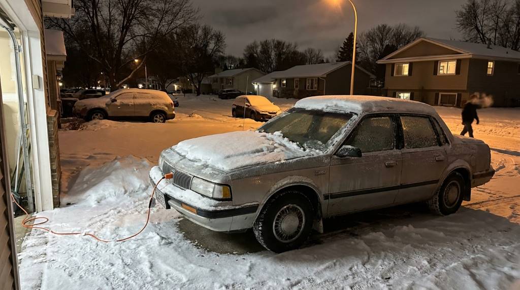 Car battery covered in snow during Minneapolis winter