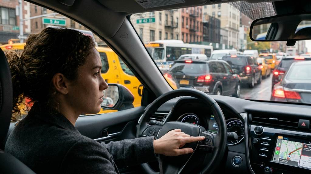 Driver using steering wheel controls in heavy New York City traffic jam with cars packed closely together