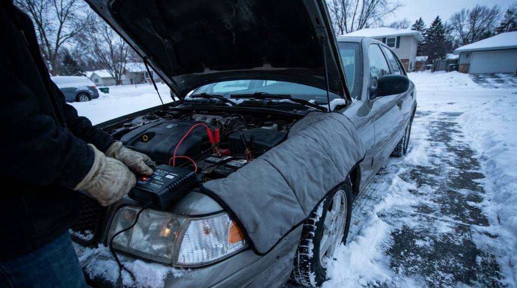 Mechanic cleaning car battery terminals in cold garage