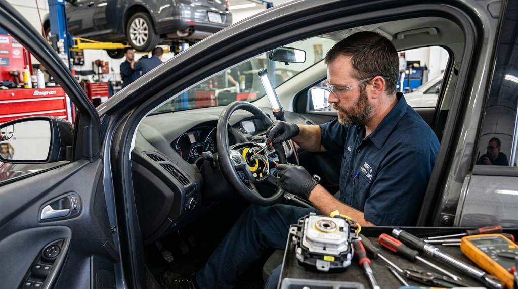 Mechanic repairing clock spring inside steering wheel in auto repair shop environment