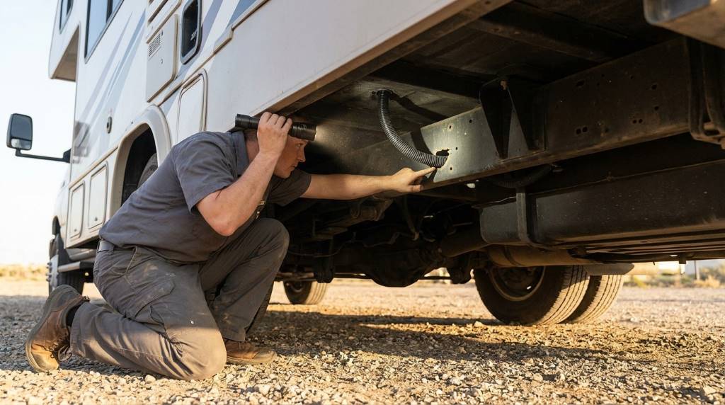 Inspecting motorhome underside for mouse entry points