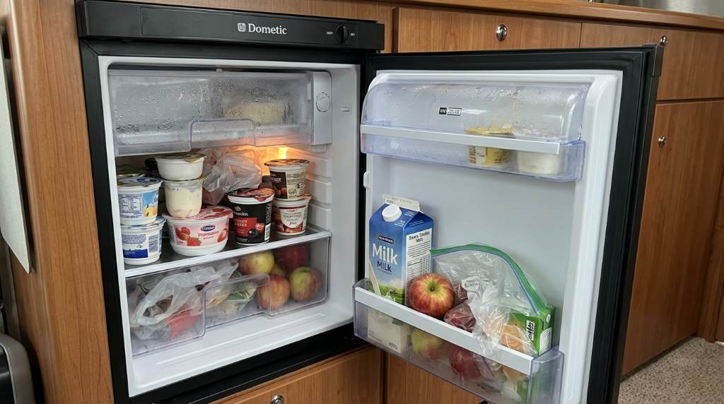 Fresh vegetables organized inside a motorhome refrigerator