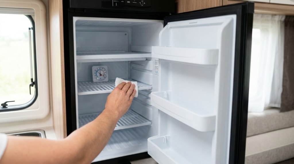 Organized refrigerator keeping fresh food safe during RV travel